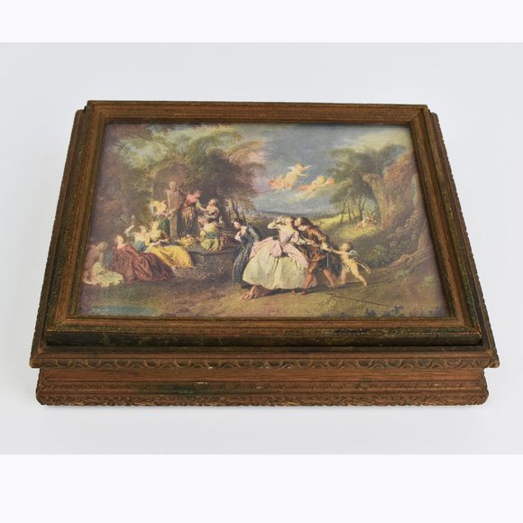 Rare antique wooden box with decorative lid, collectible painting storage box - Picture 1 of 10